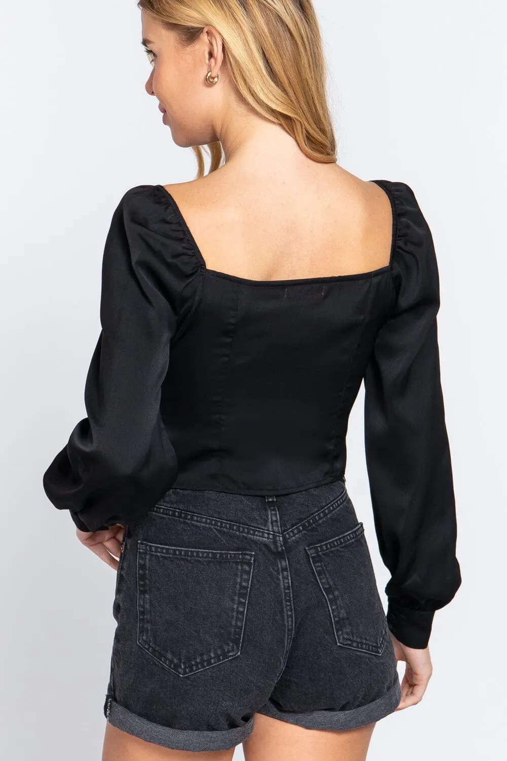 Black Long Sleeve Sweetheart Neck Front Ribbon Tie Woven Top_