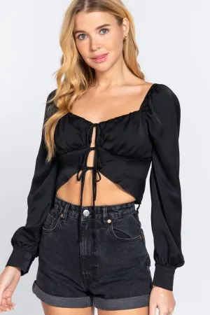 Black Long Sleeve Sweetheart Neck Front Ribbon Tie Woven Top_
