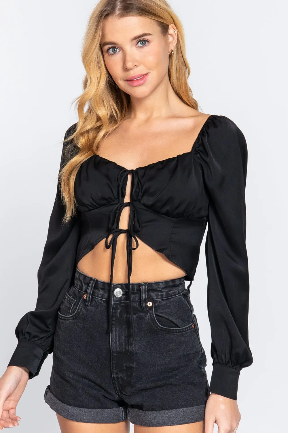 Black Long Sleeve Sweetheart Neck Front Ribbon Tie Woven Top_