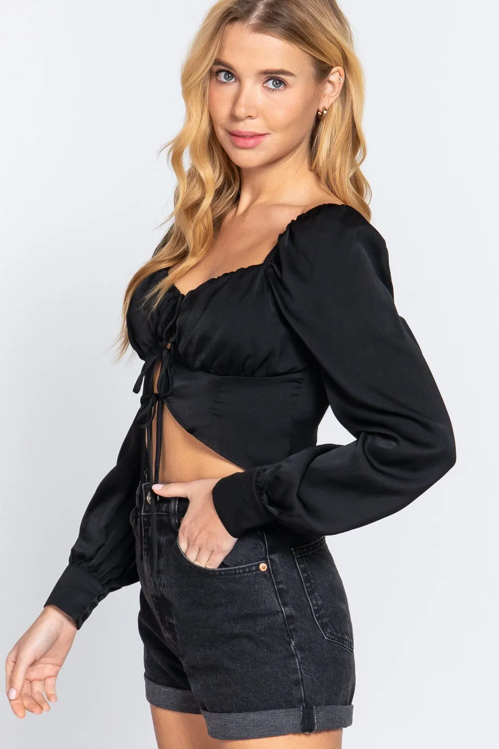 Black Long Sleeve Sweetheart Neck Front Ribbon Tie Woven Top_