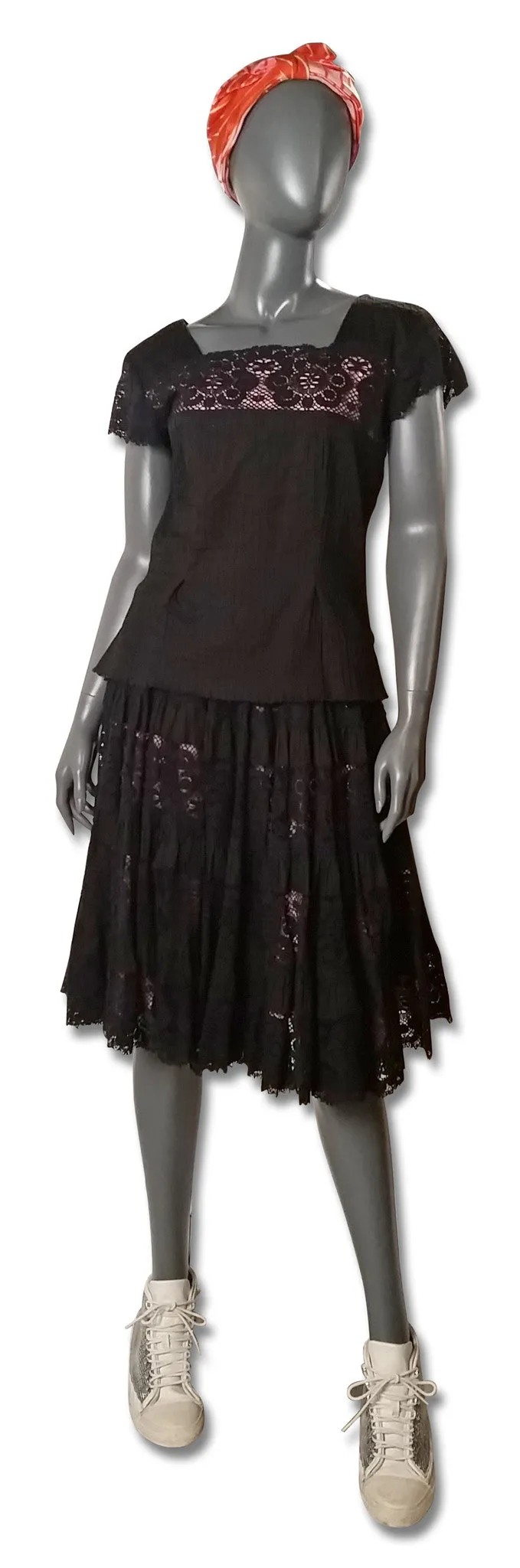 Black Pintuck/Lace 1960s Skirt and Top
