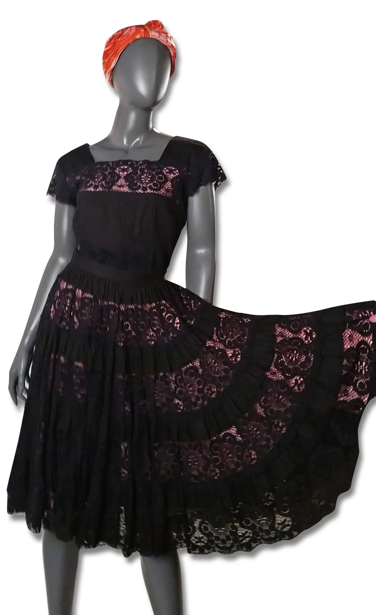 Black Pintuck/Lace 1960s Skirt and Top