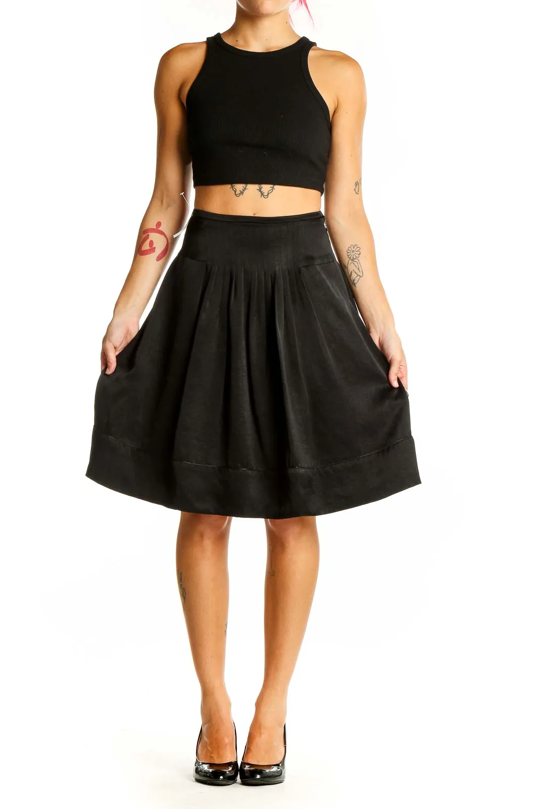 Black Pleated A-Line Midi Skirt