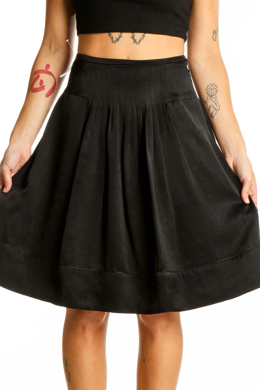 Black Pleated A-Line Midi Skirt