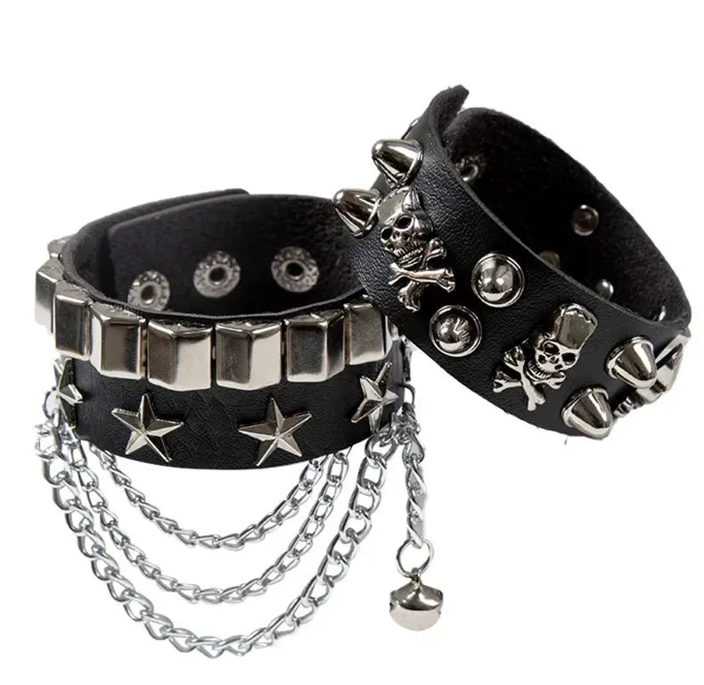 Black PU Leather Cuff Wristband Bracelet Goth Gothic Punk Tassel Chain Bracelets Armbands Cosplay Jewelry