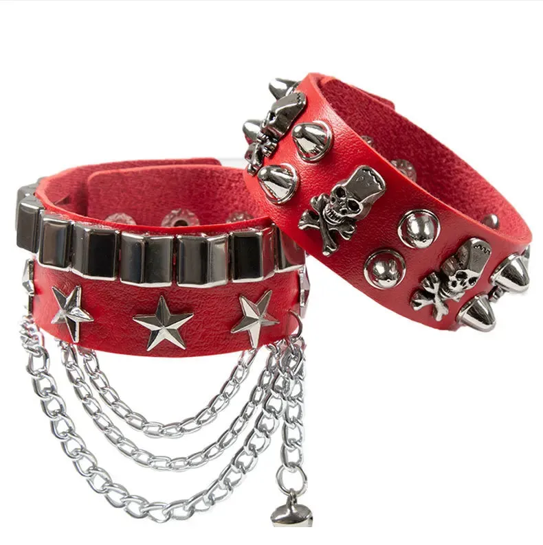 Black PU Leather Cuff Wristband Bracelet Goth Gothic Punk Tassel Chain Bracelets Armbands Cosplay Jewelry