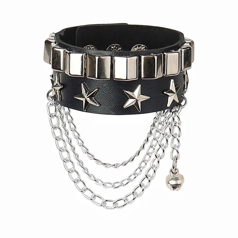 Black PU Leather Cuff Wristband Bracelet Goth Gothic Punk Tassel Chain Bracelets Armbands Cosplay Jewelry
