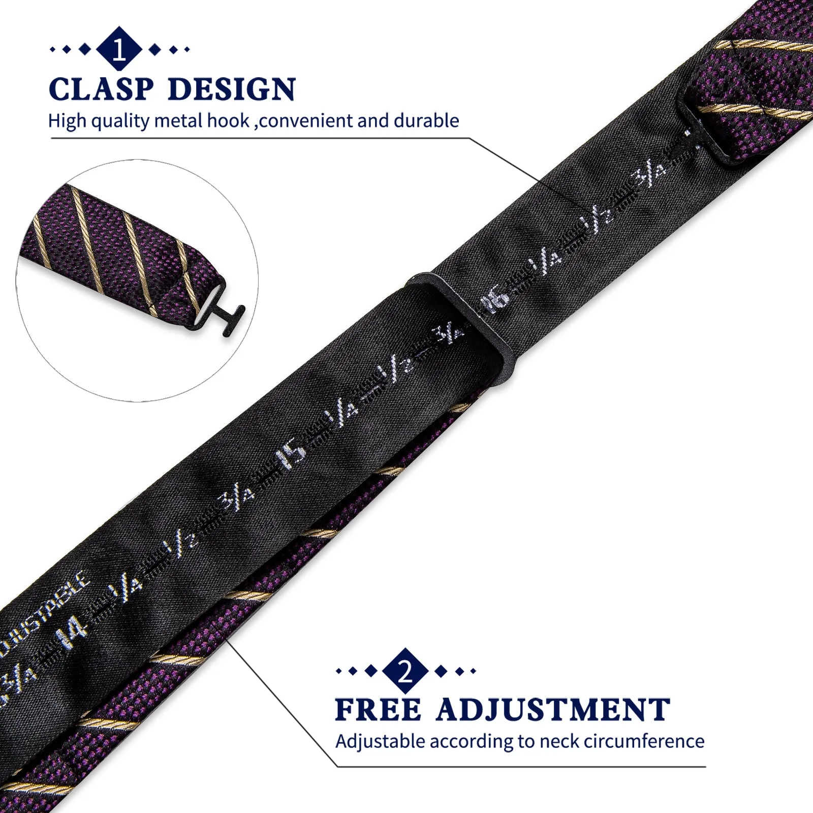 Black Purple Striped Self-tied Bow Tie Pocket Square Cufflinks Set