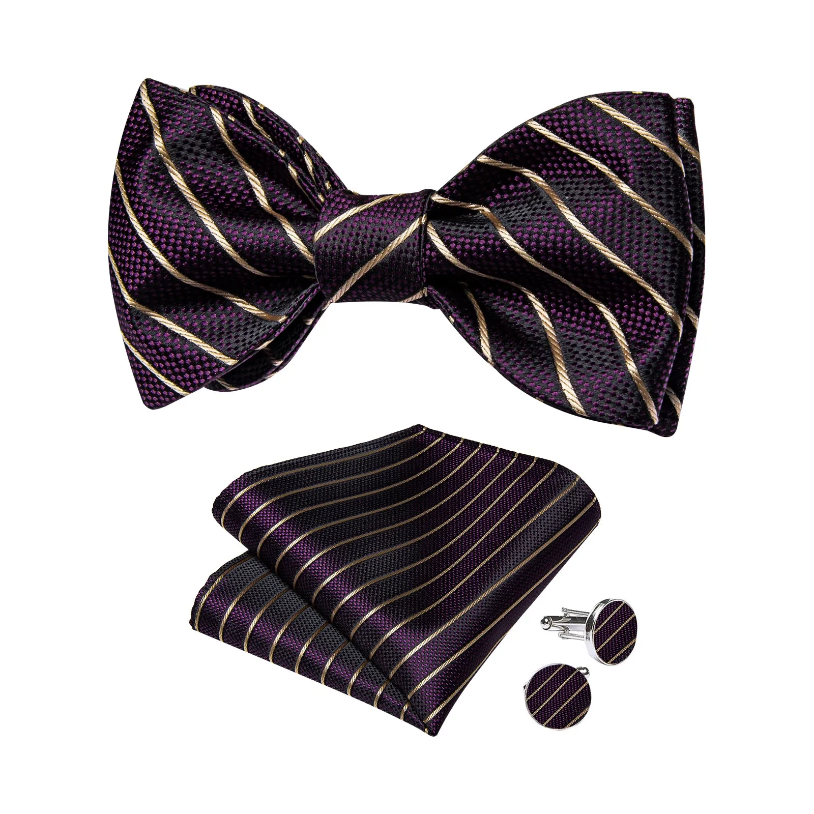 Black Purple Striped Self-tied Bow Tie Pocket Square Cufflinks Set