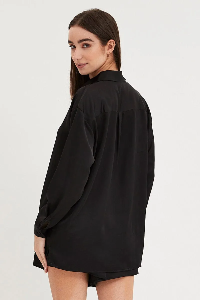 Black Satin Pajamas Set Long Sleeve
