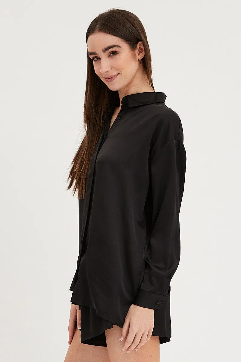 Black Satin Pajamas Set Long Sleeve