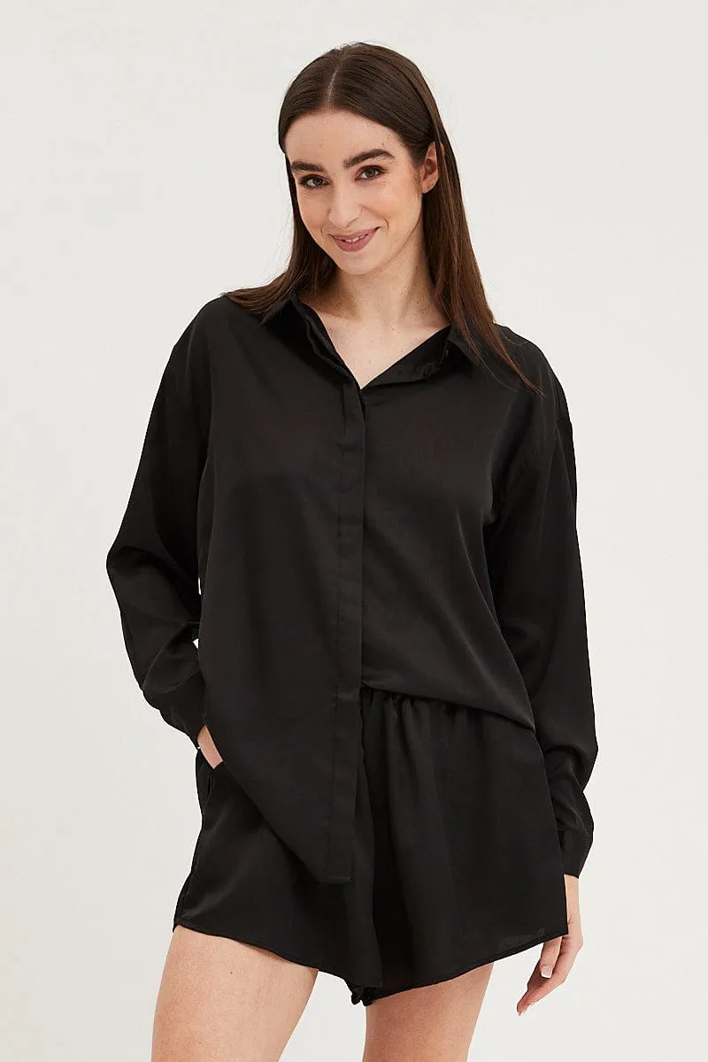 Black Satin Pajamas Set Long Sleeve