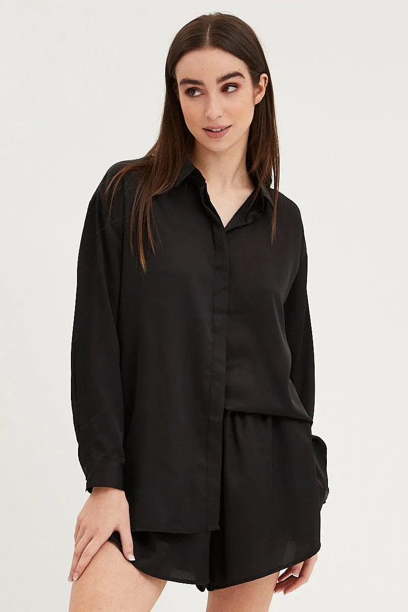 Black Satin Pajamas Set Long Sleeve