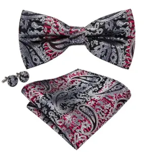 Black, Silver & Red Paisley Matching Bowtie Set (3pc)