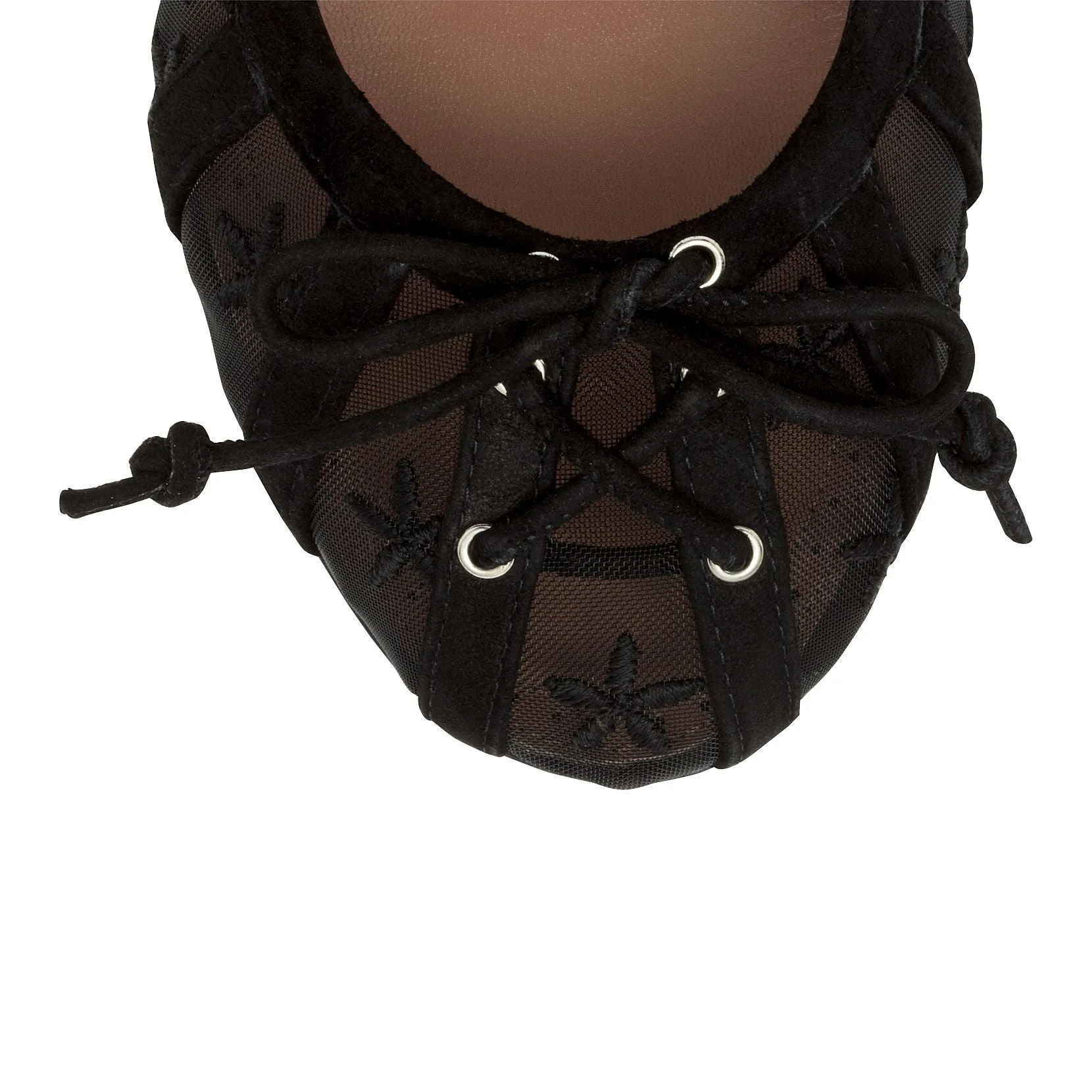 Black suede flower mesh ballerinas