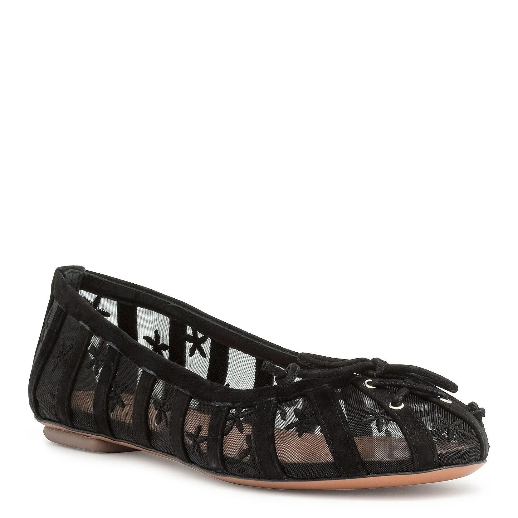 Black suede flower mesh ballerinas