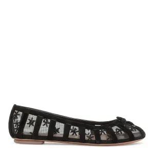 Black suede flower mesh ballerinas