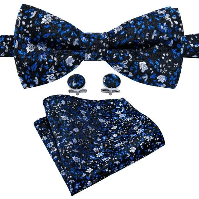 Black, White & Blue Floral Matching Bowtie Set (3pc)