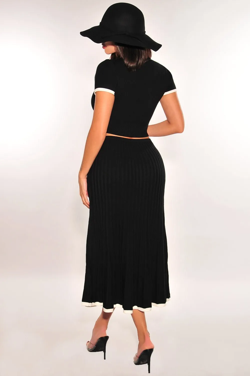 Black White Contrast Trim Pleated Knit Two Piece Skirt Set