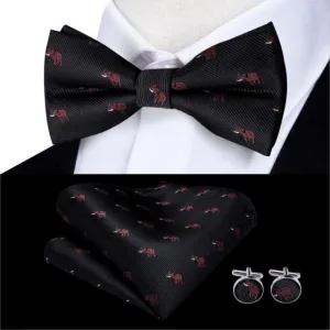 Black with Wine Red Elephants Novelty Matching Bowtie Set (3pc)