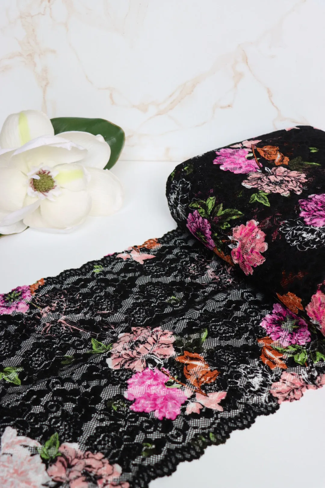 Black/Pink/Coral/Blush Floral 11" Wide Stretch Lace