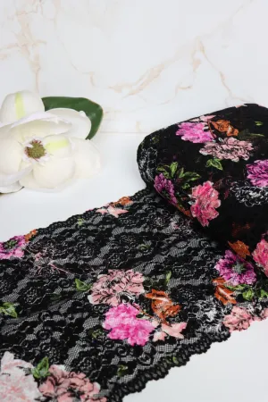 Black/Pink/Coral/Blush Floral 11" Wide Stretch Lace
