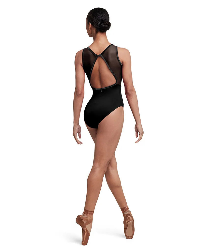 Bloch Sofia High Neck Sweetheart Mesh Seamed Velvet Bodice Open Back Tank Leotard - L5685 Womens