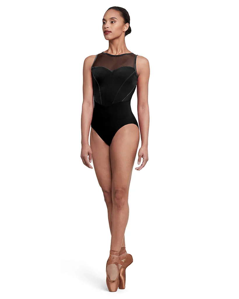 Bloch Sofia High Neck Sweetheart Mesh Seamed Velvet Bodice Open Back Tank Leotard - L5685 Womens