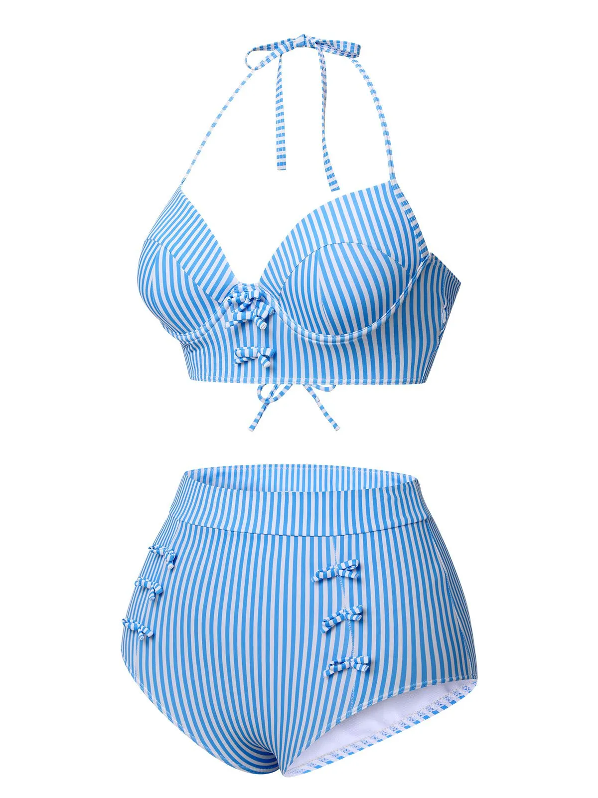 Blue 1950s Halter Bow Stripes Swimsuit