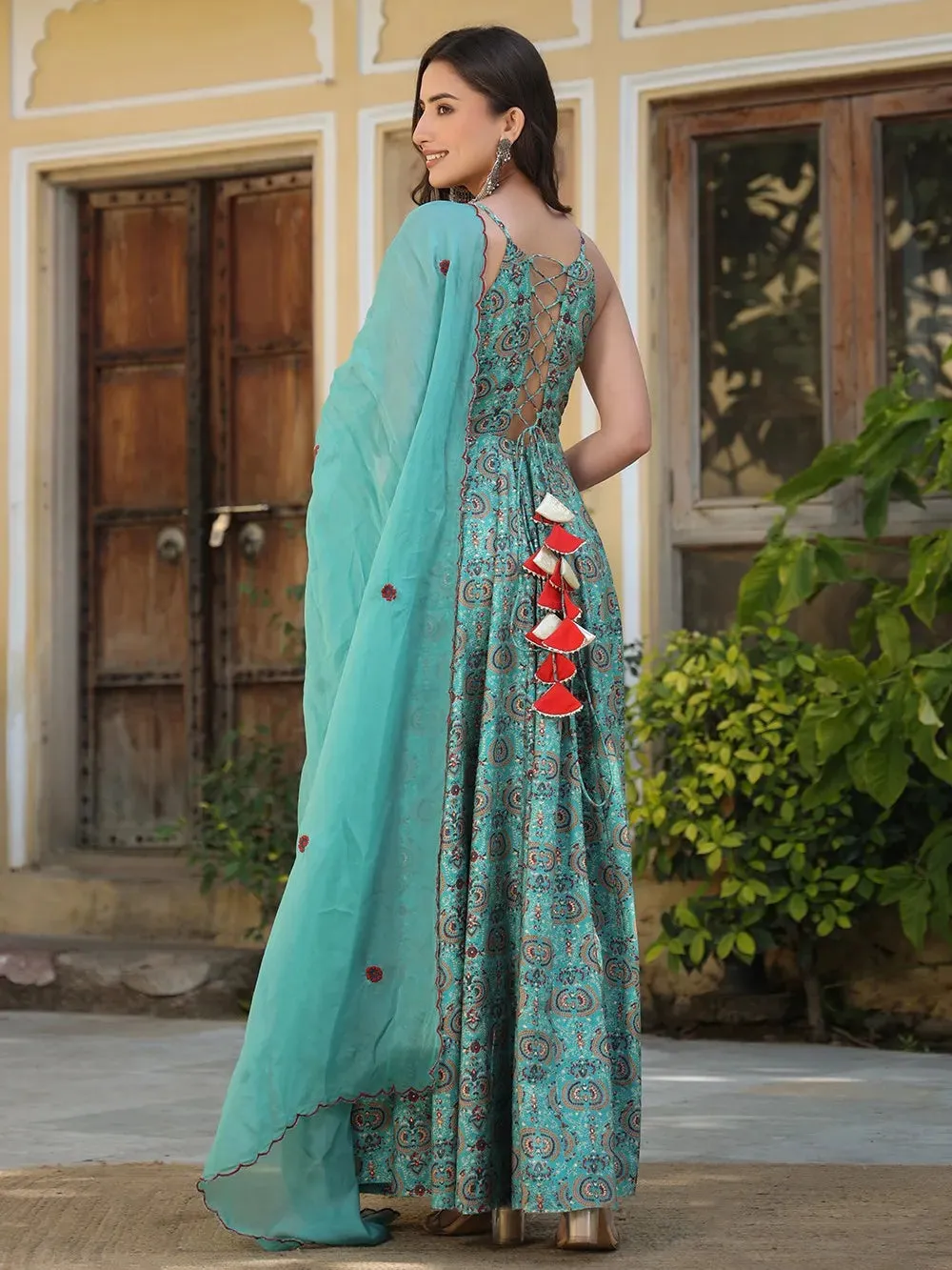 Blue & Orange Chanderi Printed Gown with Organza Dupatta