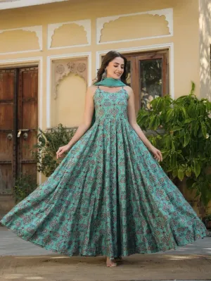 Blue & Orange Chanderi Printed Gown with Organza Dupatta