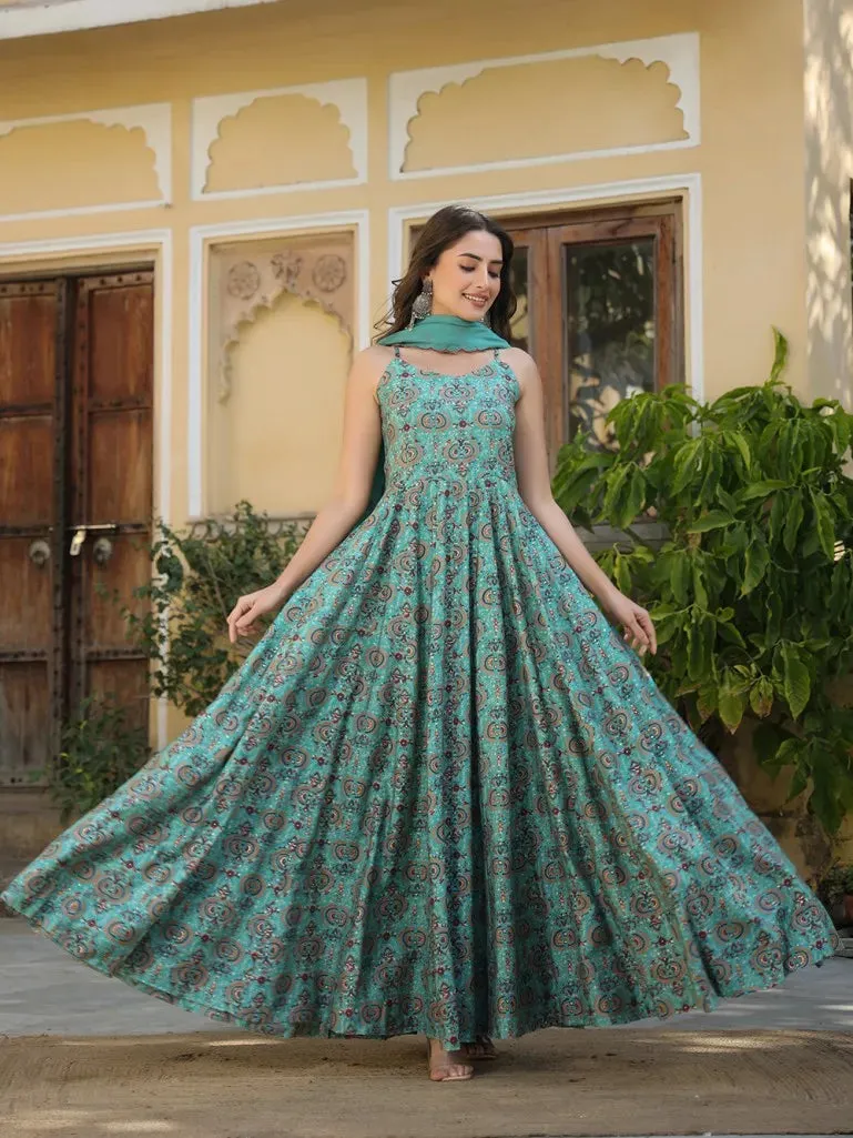 Blue & Orange Chanderi Printed Gown with Organza Dupatta