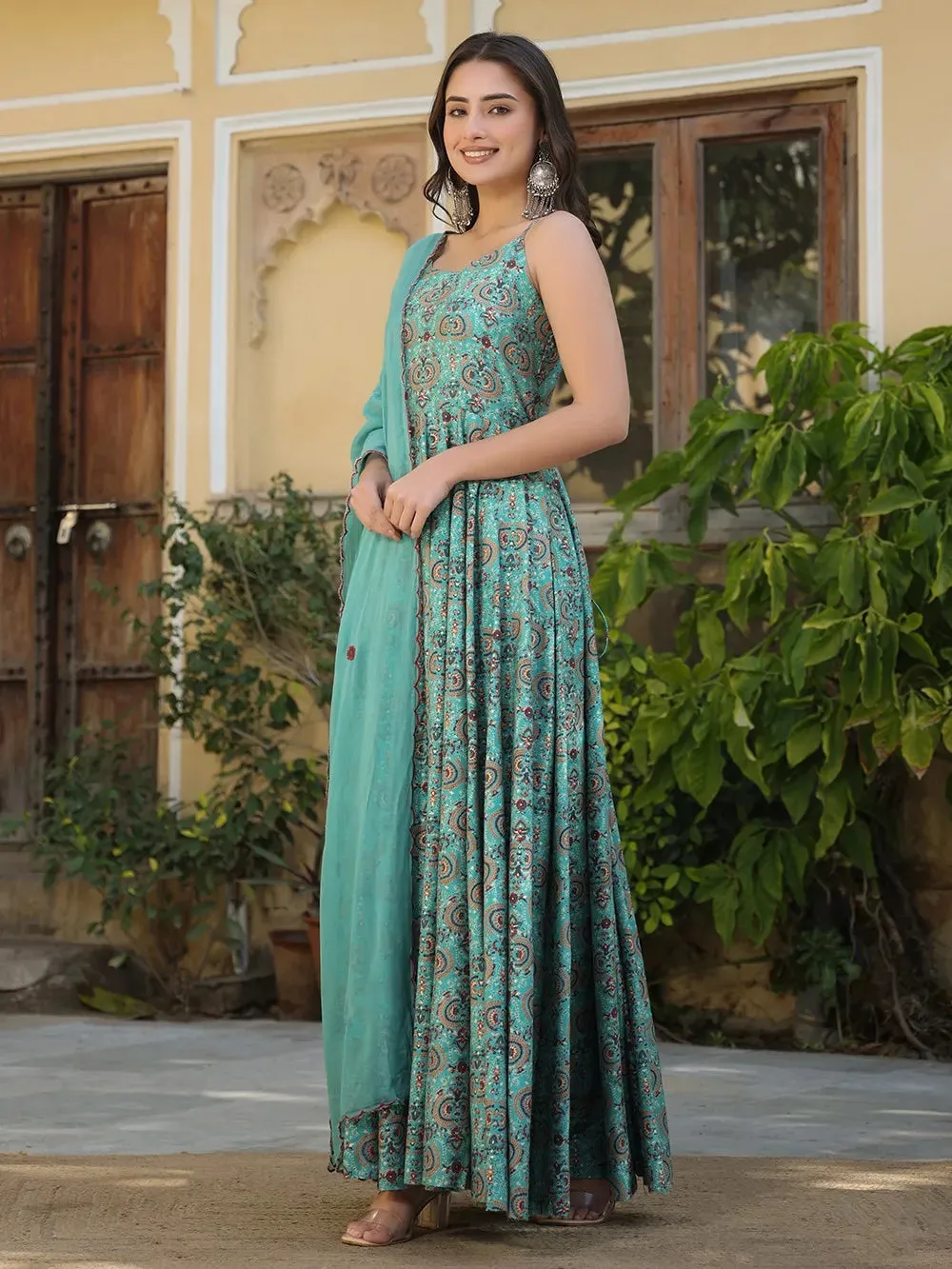 Blue & Orange Chanderi Printed Gown with Organza Dupatta