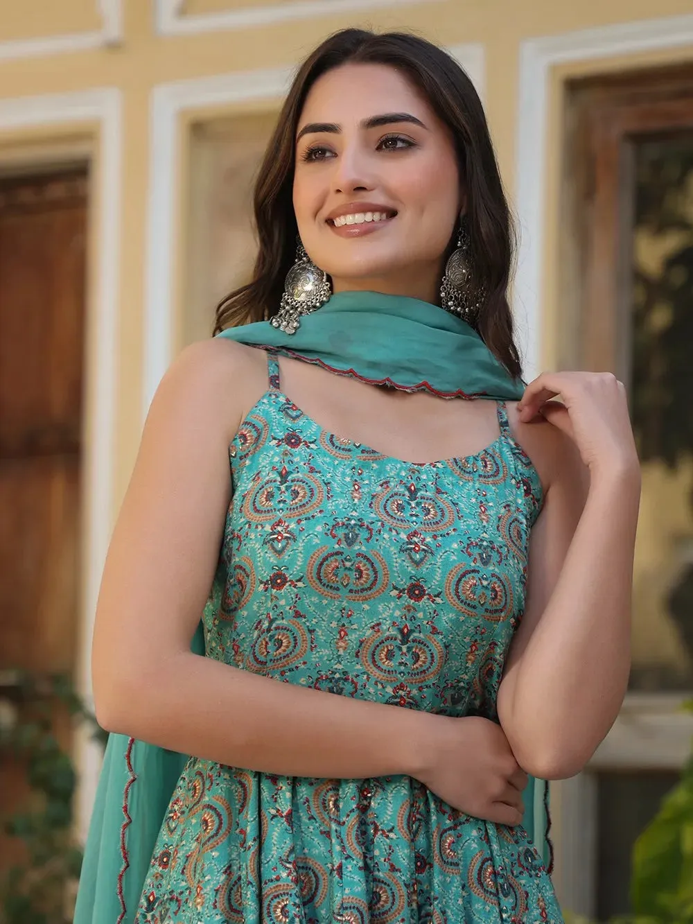Blue & Orange Chanderi Printed Gown with Organza Dupatta