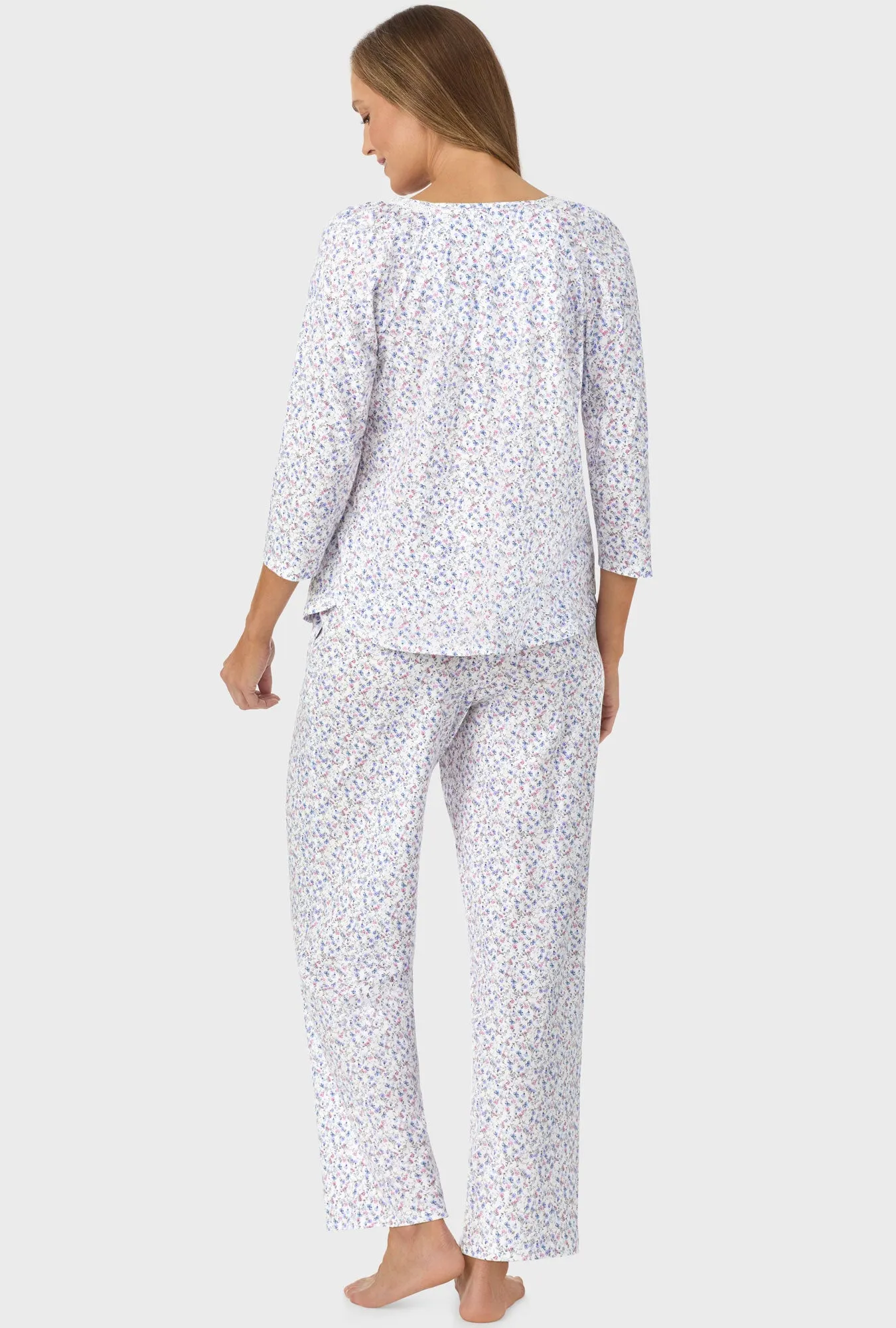 Blue and Blush Pink Ditsy 3/4 Sleeve Long Pant PJ Set