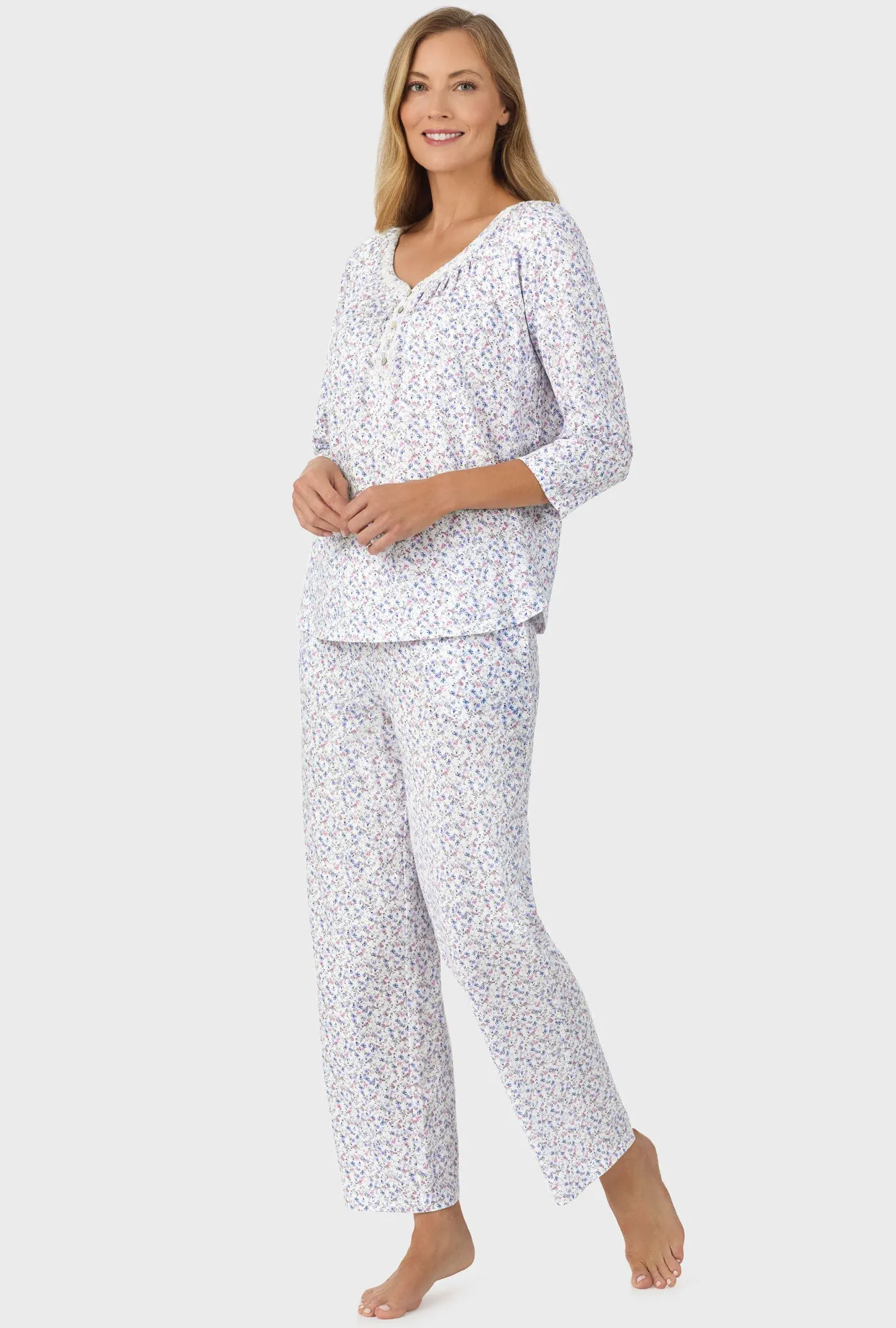 Blue and Blush Pink Ditsy 3/4 Sleeve Long Pant PJ Set