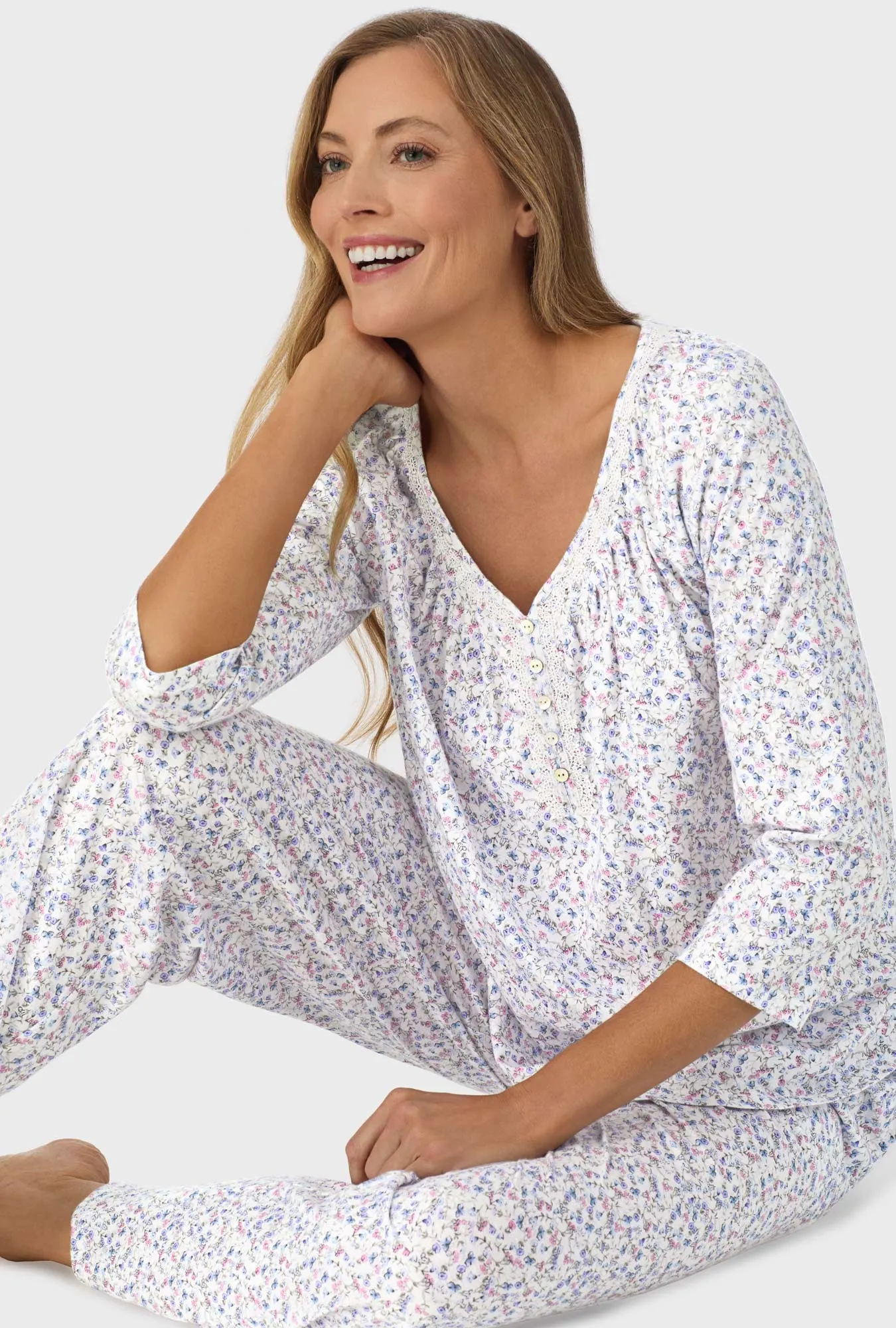 Blue and Blush Pink Ditsy 3/4 Sleeve Long Pant PJ Set