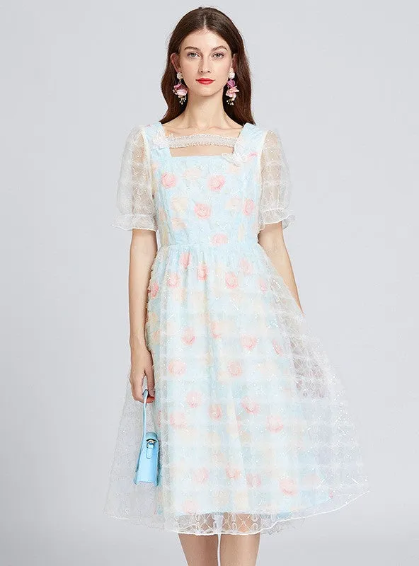 Blue Bubble Sleeve Lace Super Fairy Dress