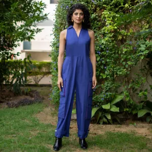 Blue Cotton Poplin V-Neck Sleeveless Cargo Jumpsuit