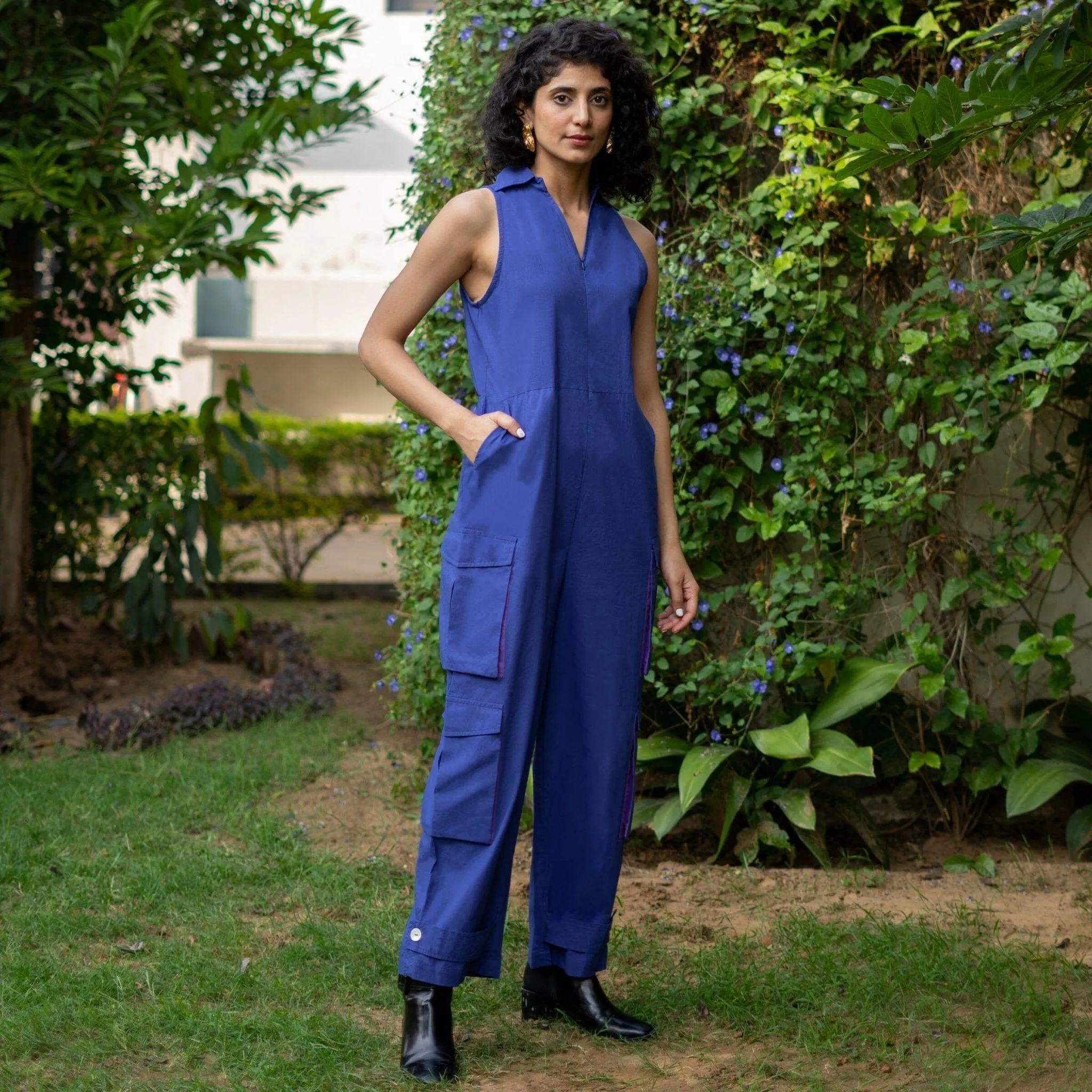Blue Cotton Poplin V-Neck Sleeveless Cargo Jumpsuit