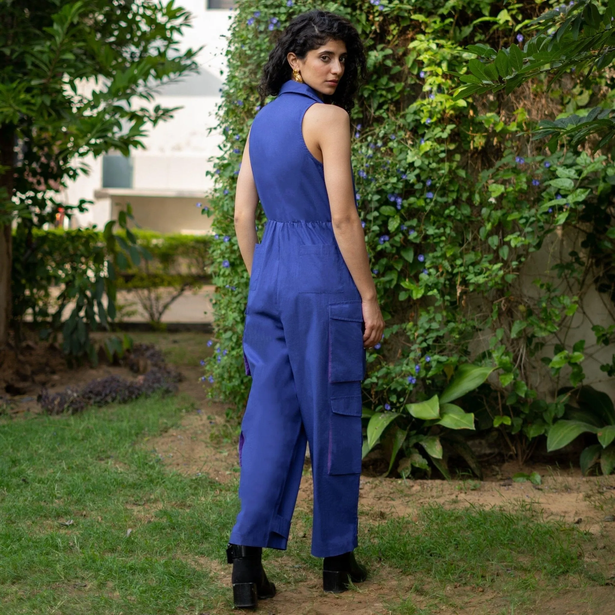 Blue Cotton Poplin V-Neck Sleeveless Cargo Jumpsuit
