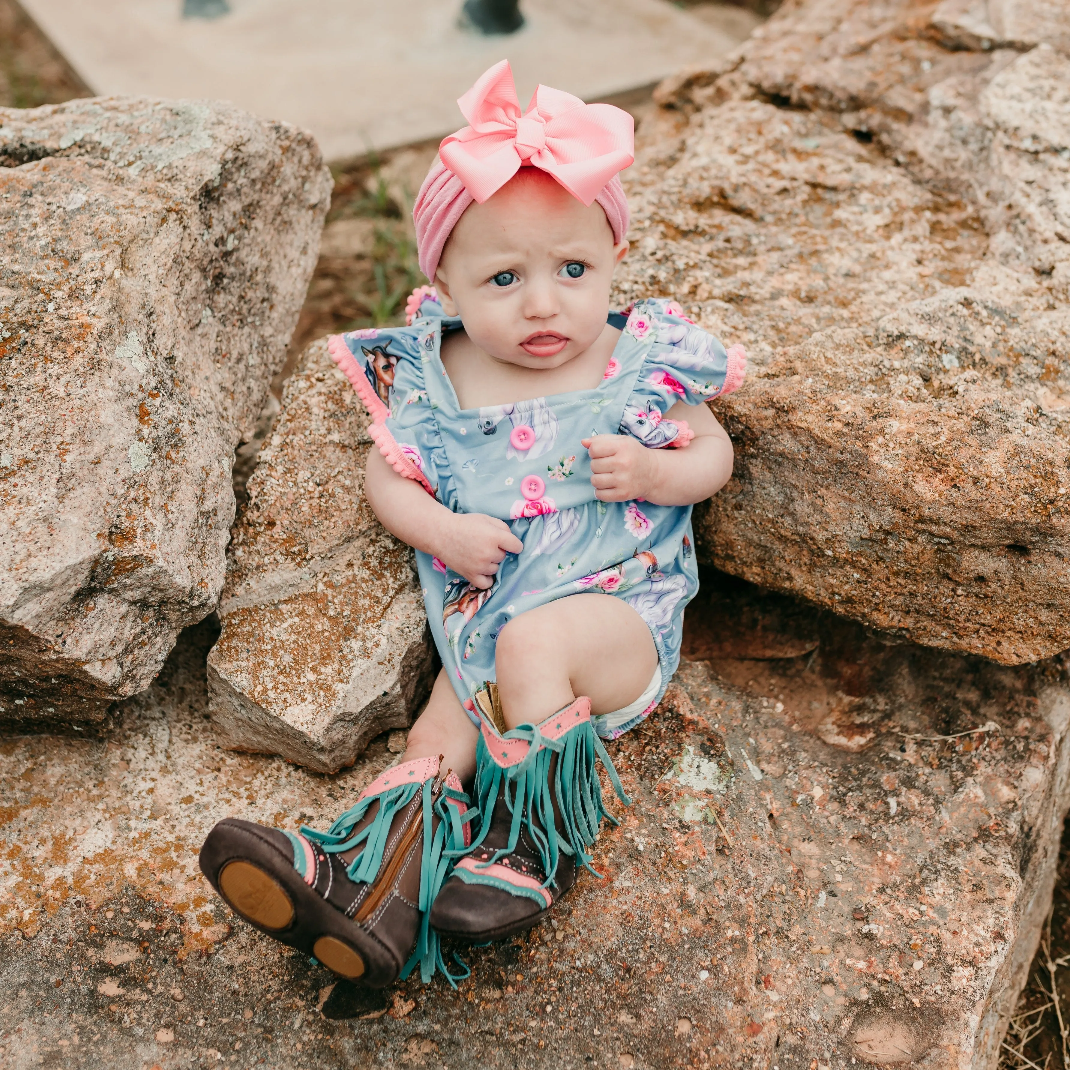 Blue Floral Horse Romper Baby (0-18M)