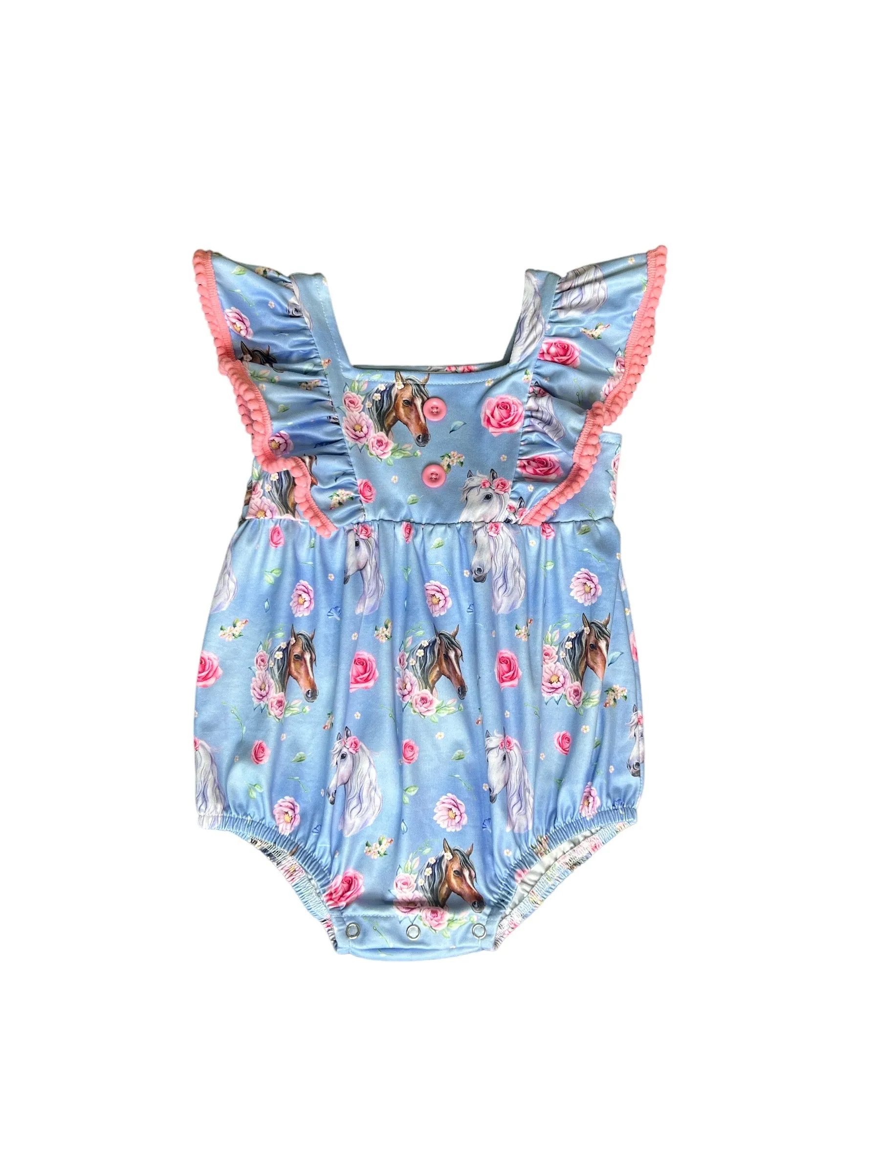 Blue Floral Horse Romper Baby (0-18M)