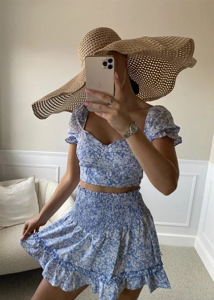 Blue Floral Print Padded Skirt Two Piece Set