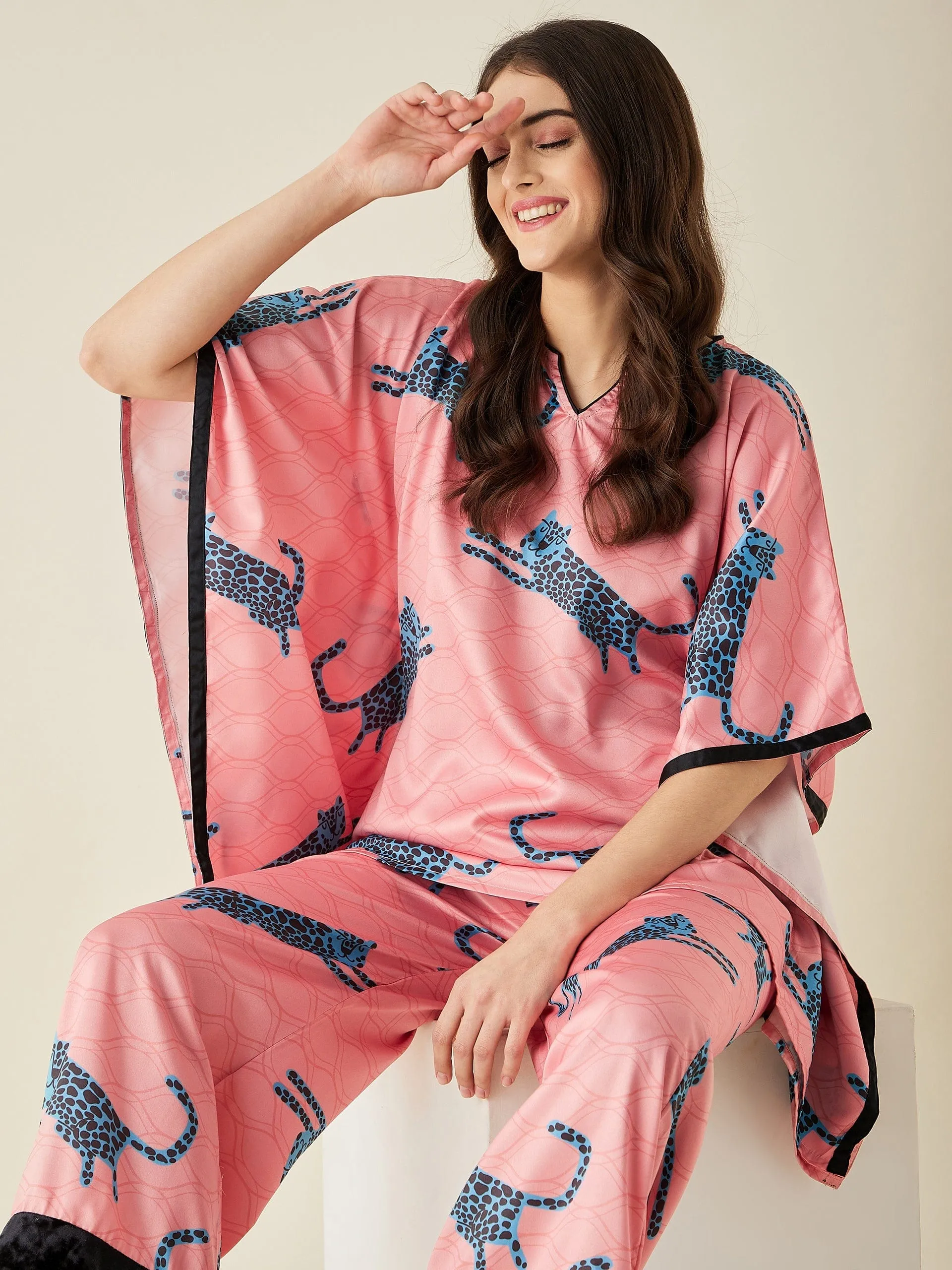 Blue Leopard Satin Kaftan Pyjama Set