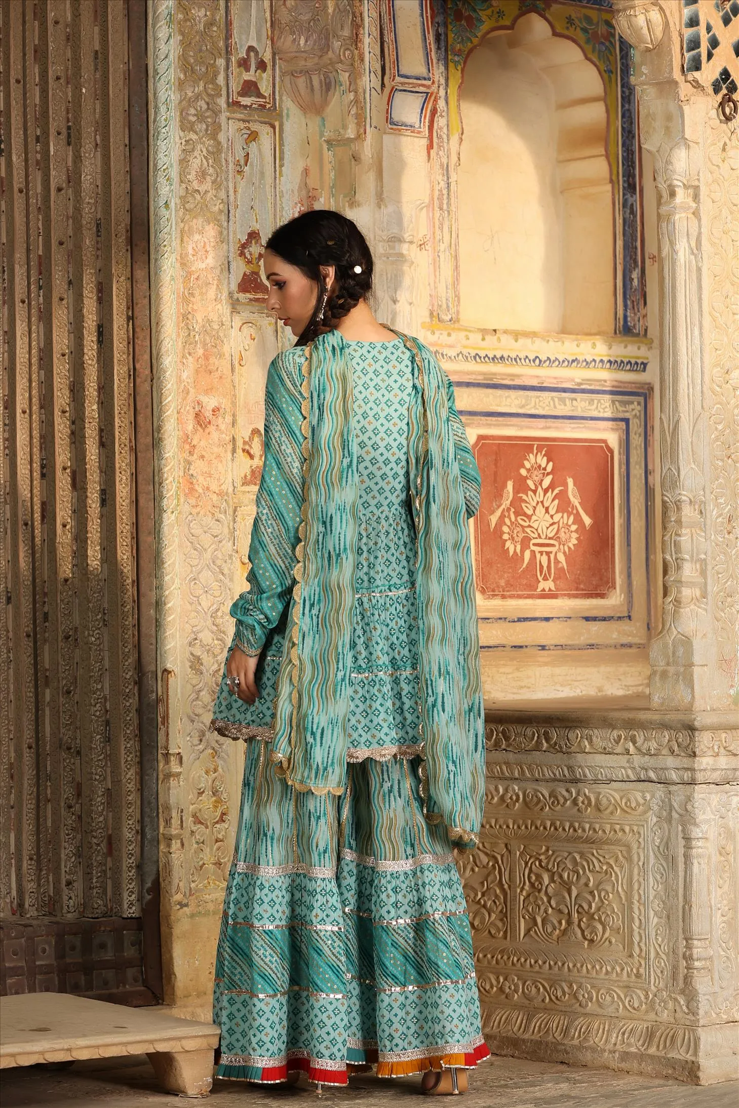 Blue Mul Cotton Gota Front Slit Kurti Sharara Dupatta Set