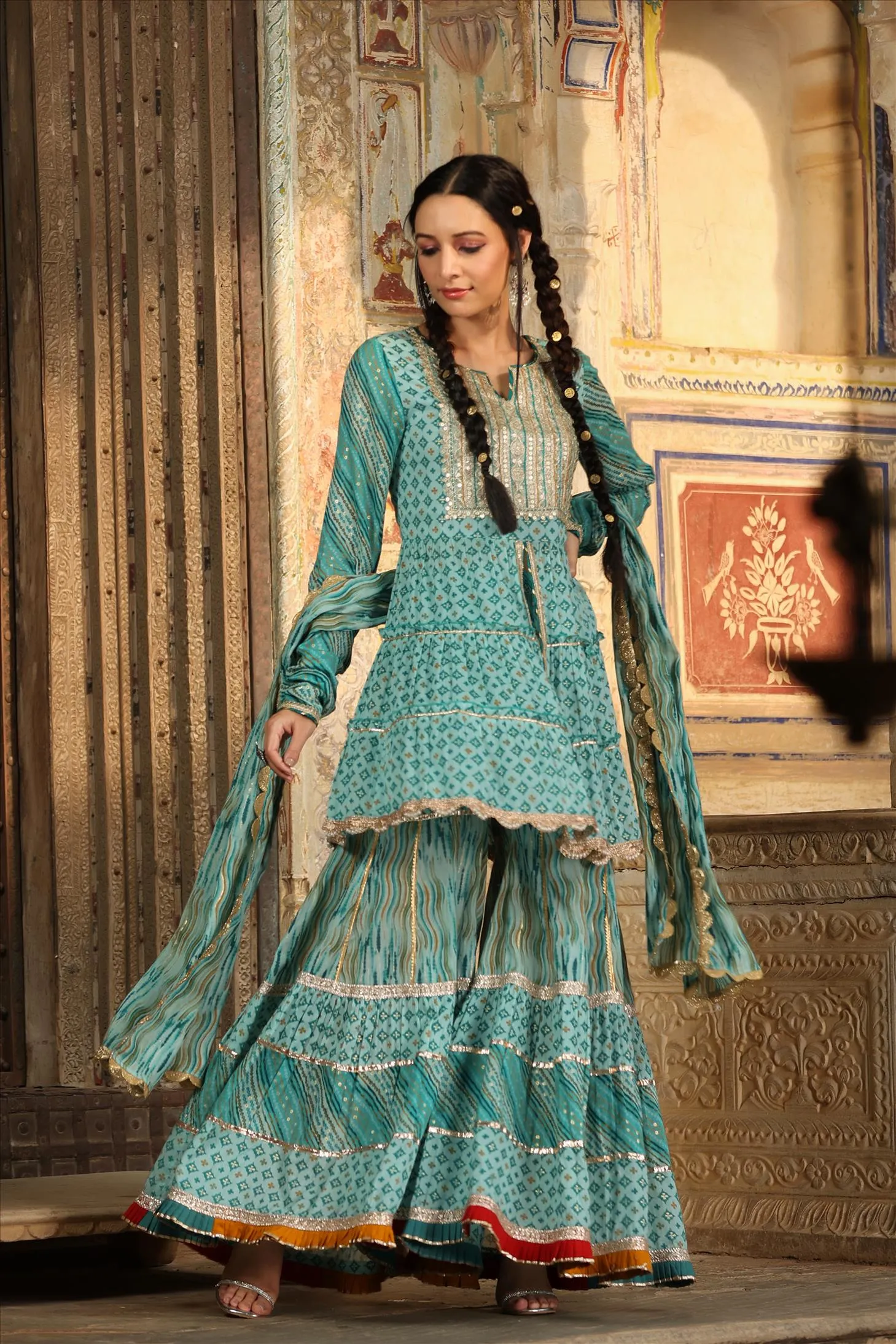 Blue Mul Cotton Gota Front Slit Kurti Sharara Dupatta Set