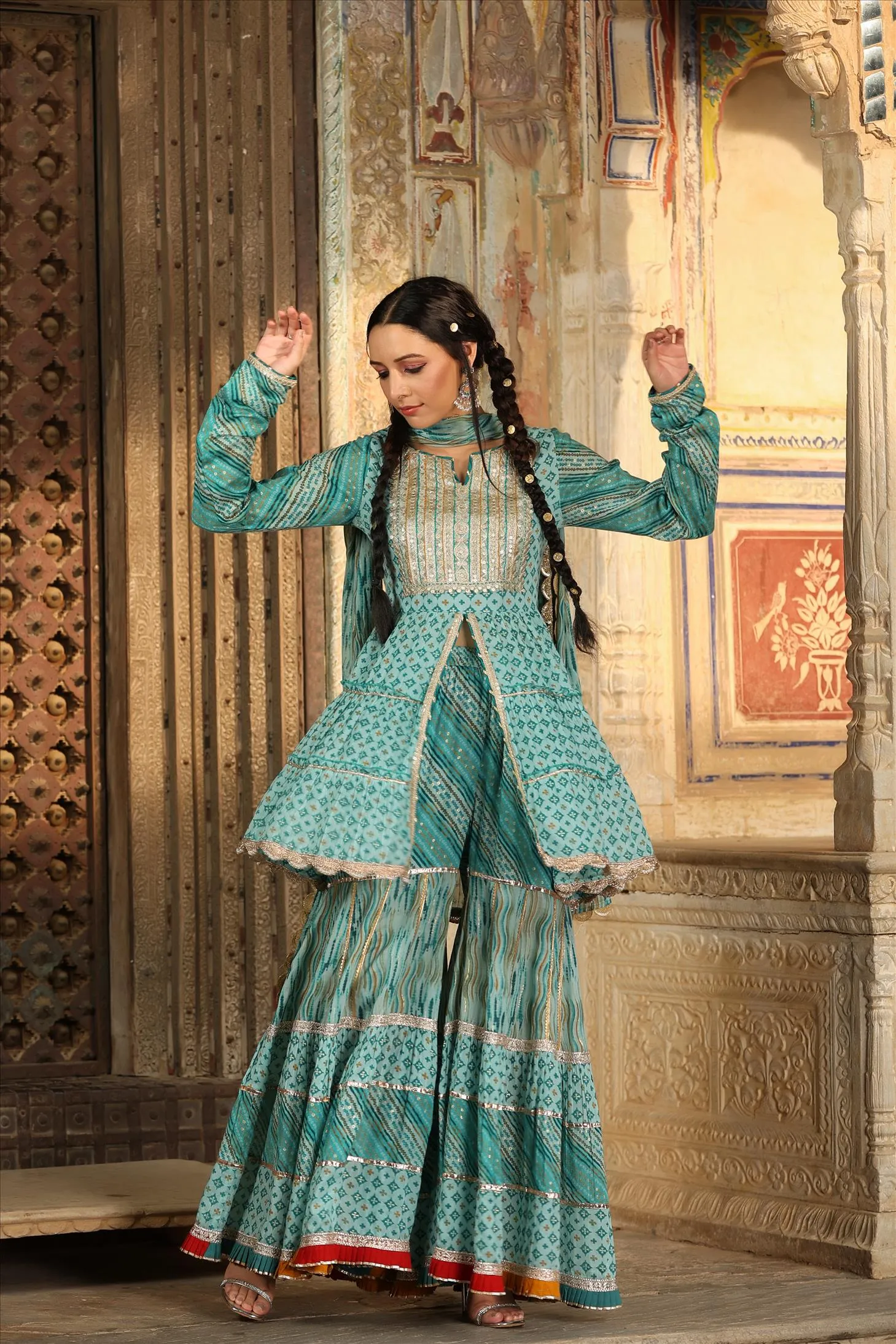 Blue Mul Cotton Gota Front Slit Kurti Sharara Dupatta Set