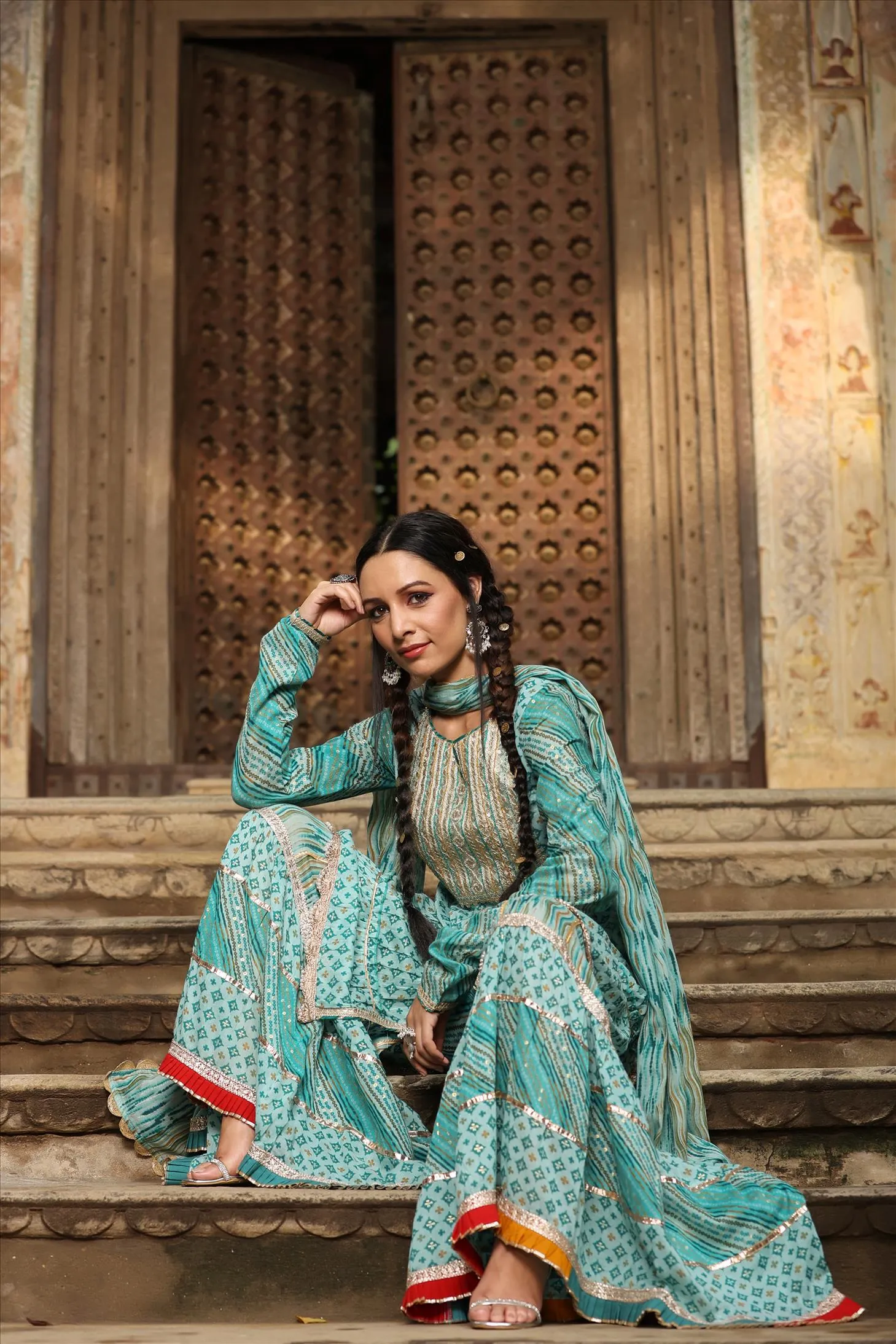 Blue Mul Cotton Gota Front Slit Kurti Sharara Dupatta Set