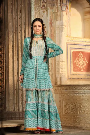 Blue Mul Cotton Gota Front Slit Kurti Sharara Dupatta Set